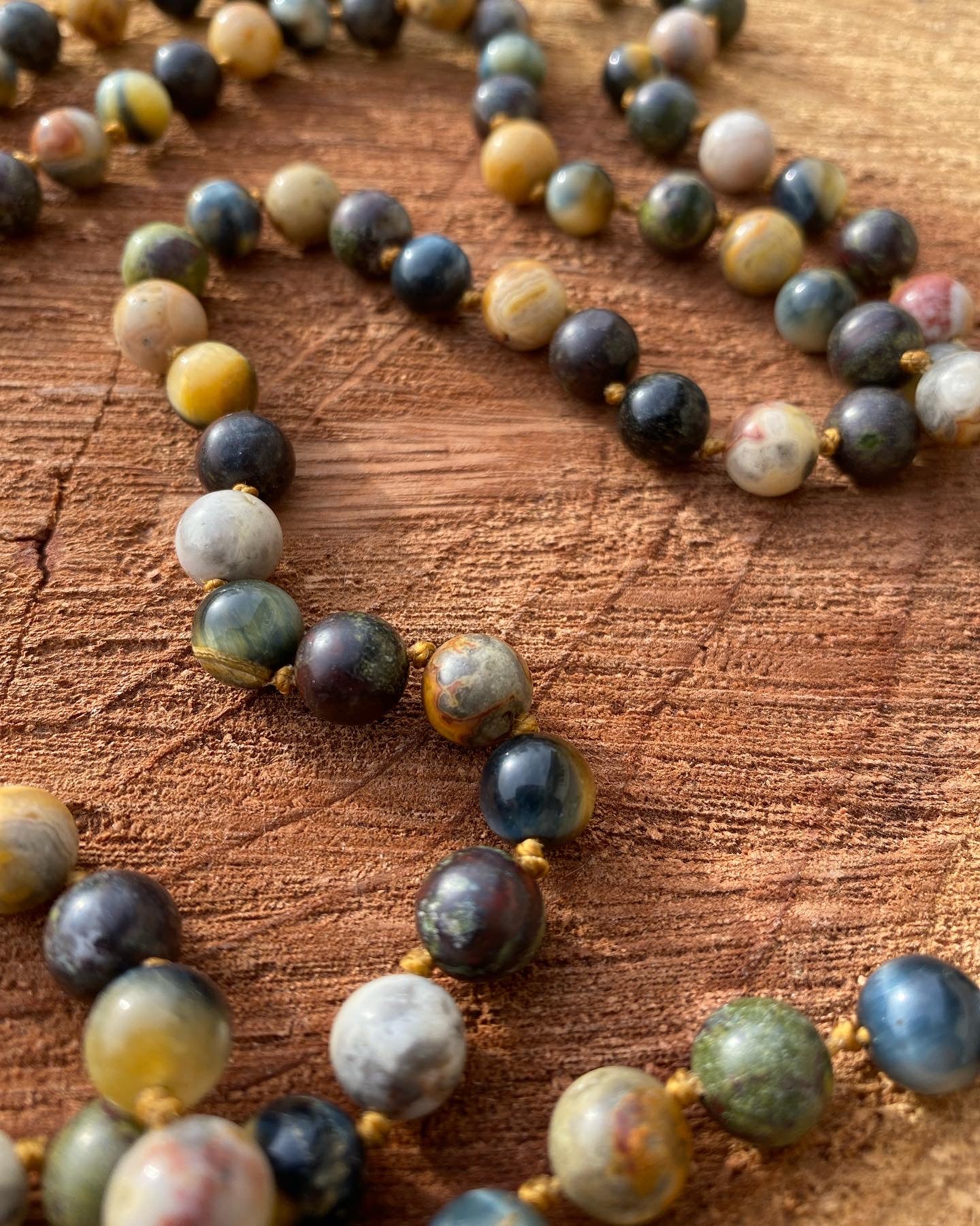 Golden Blue Tiger Eye, Mexican Crazy Lace Agate, and Dragon Bloodstone Mala