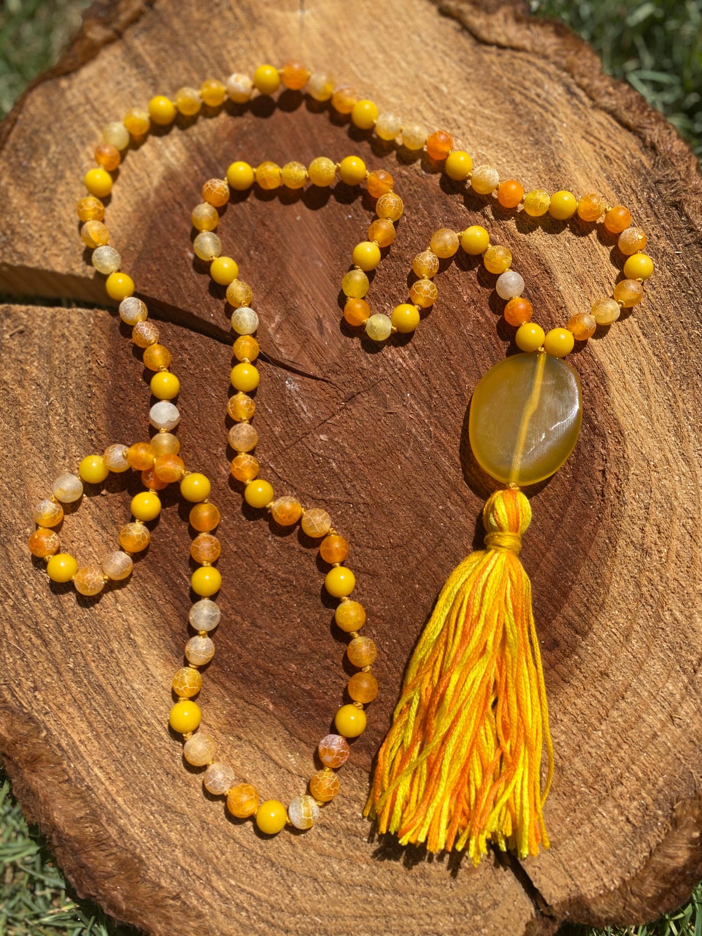 Mountain Yellow Jade and Orange/Yellow matted Agate hand-knotted Mala