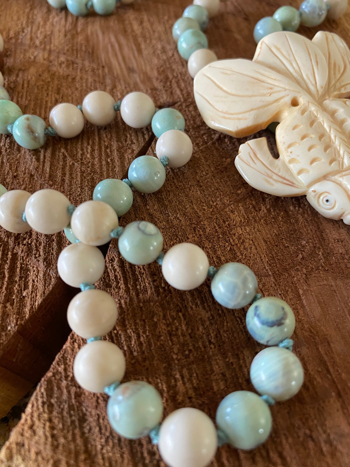 Green Blue Turquoise Fire Agate and Fossil Mala