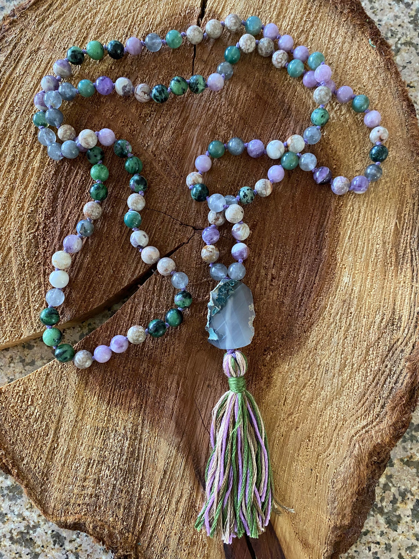 Lepodolite, Ruby in Zoisite, Moss Agate and Flower Amethyst Mala