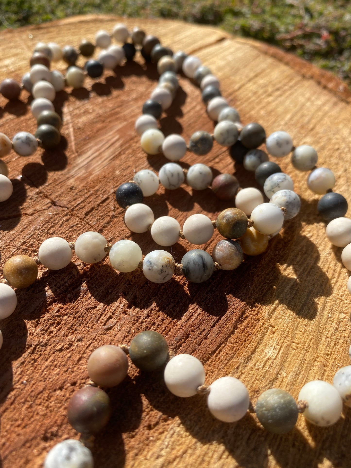 Fossil Coral, Petrified Wood, African White Dendritic Opal hand-knotted Mala