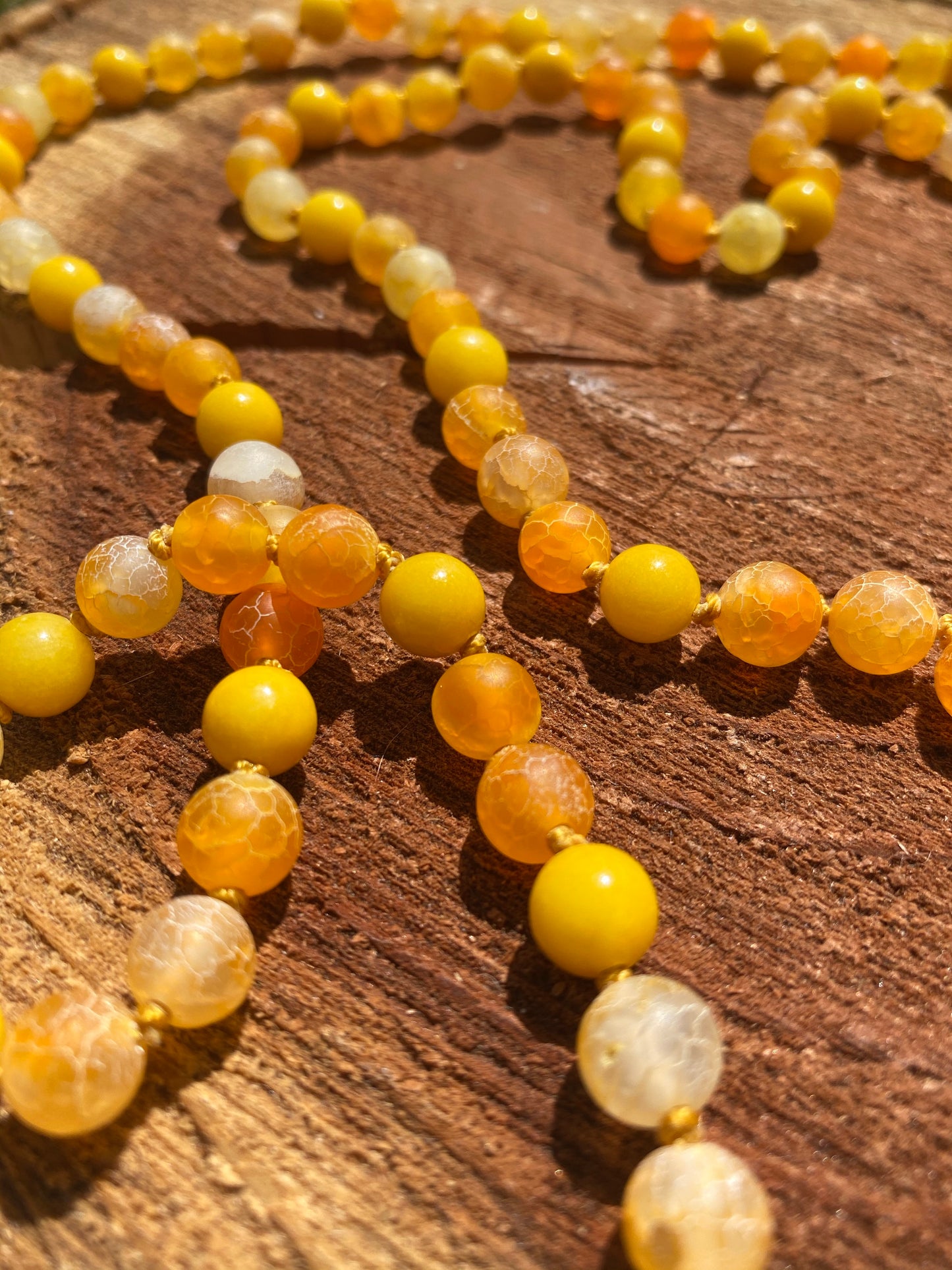 Mountain Yellow Jade and Orange/Yellow matted Agate hand-knotted Mala