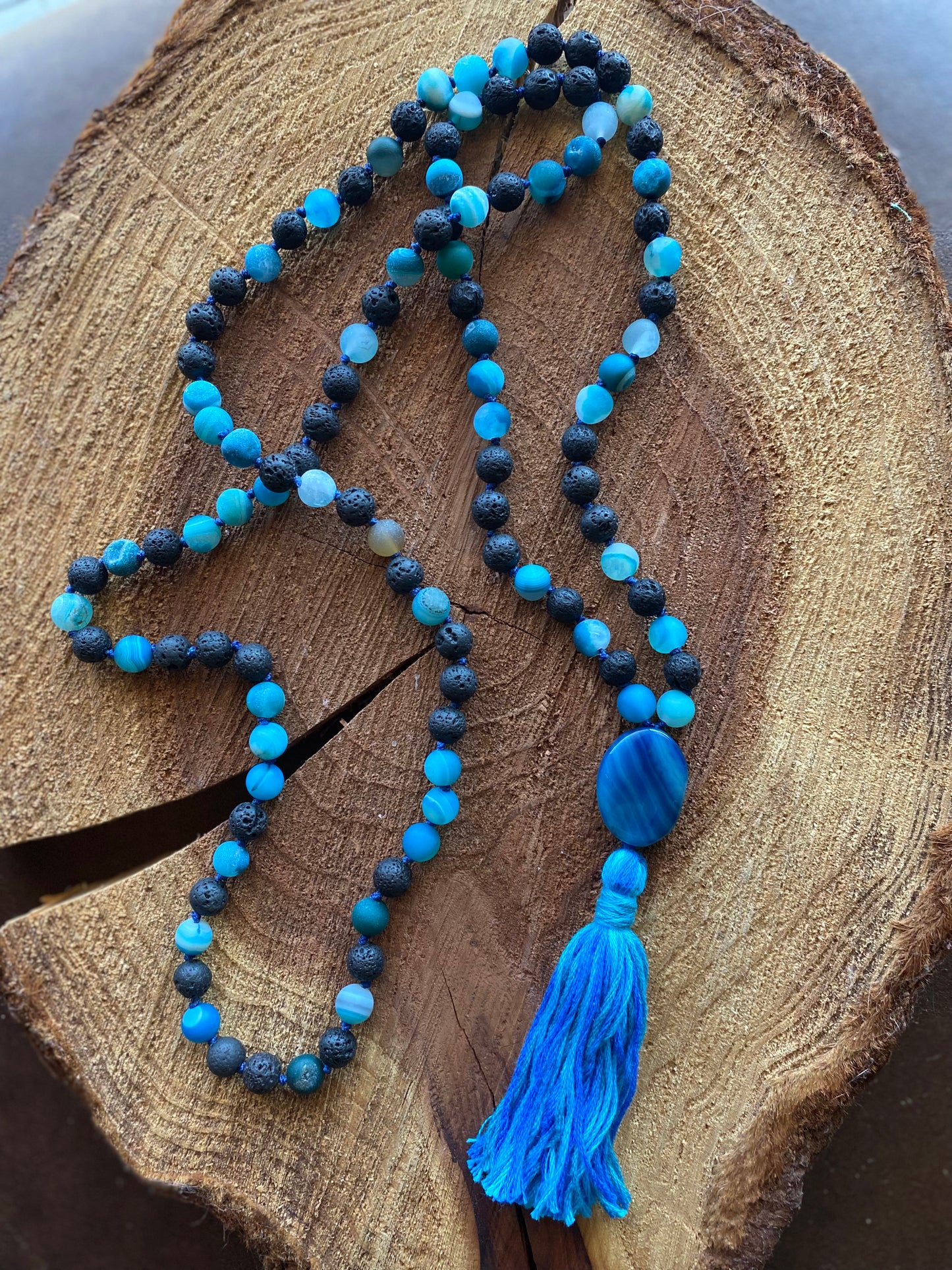 Blue Agate & Lava bead hand-knotted Mala