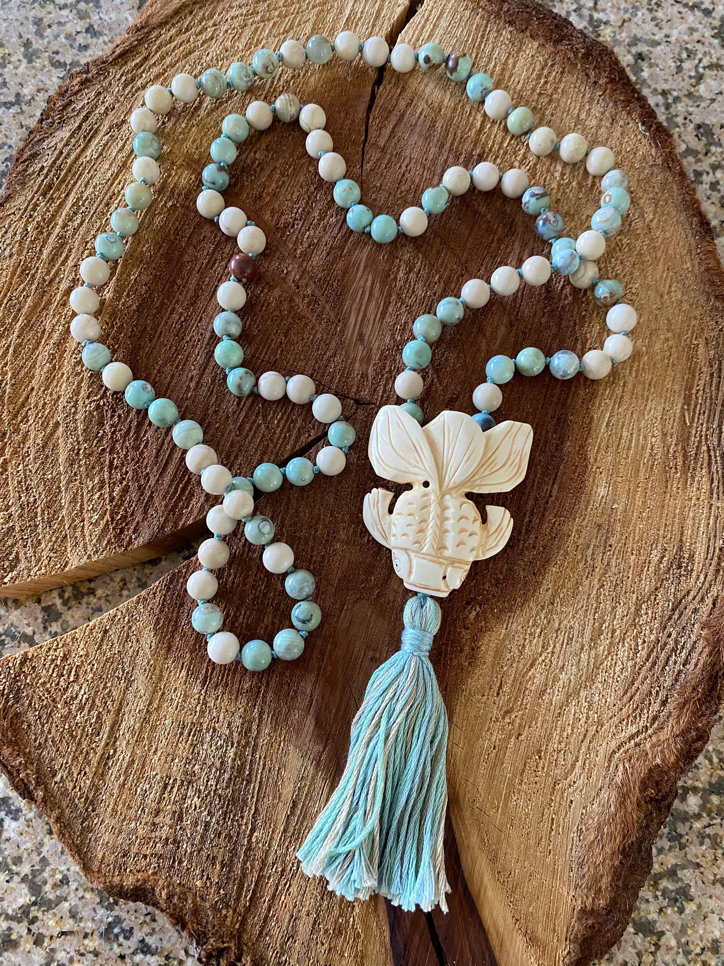 Green Blue Turquoise Fire Agate and Fossil Mala